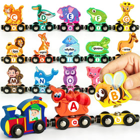 Helsort wooden alphabet train set with magnetic letters for early literacy and tactile play.