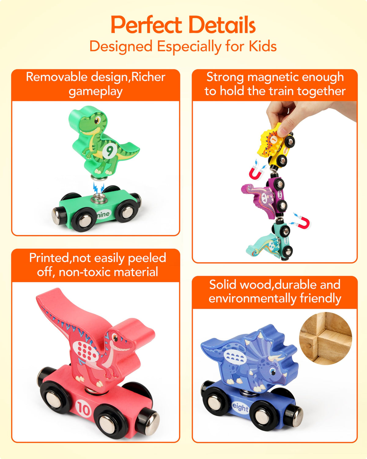 Helsort wooden dinosaur train set magnets enable easy linking during learning play.