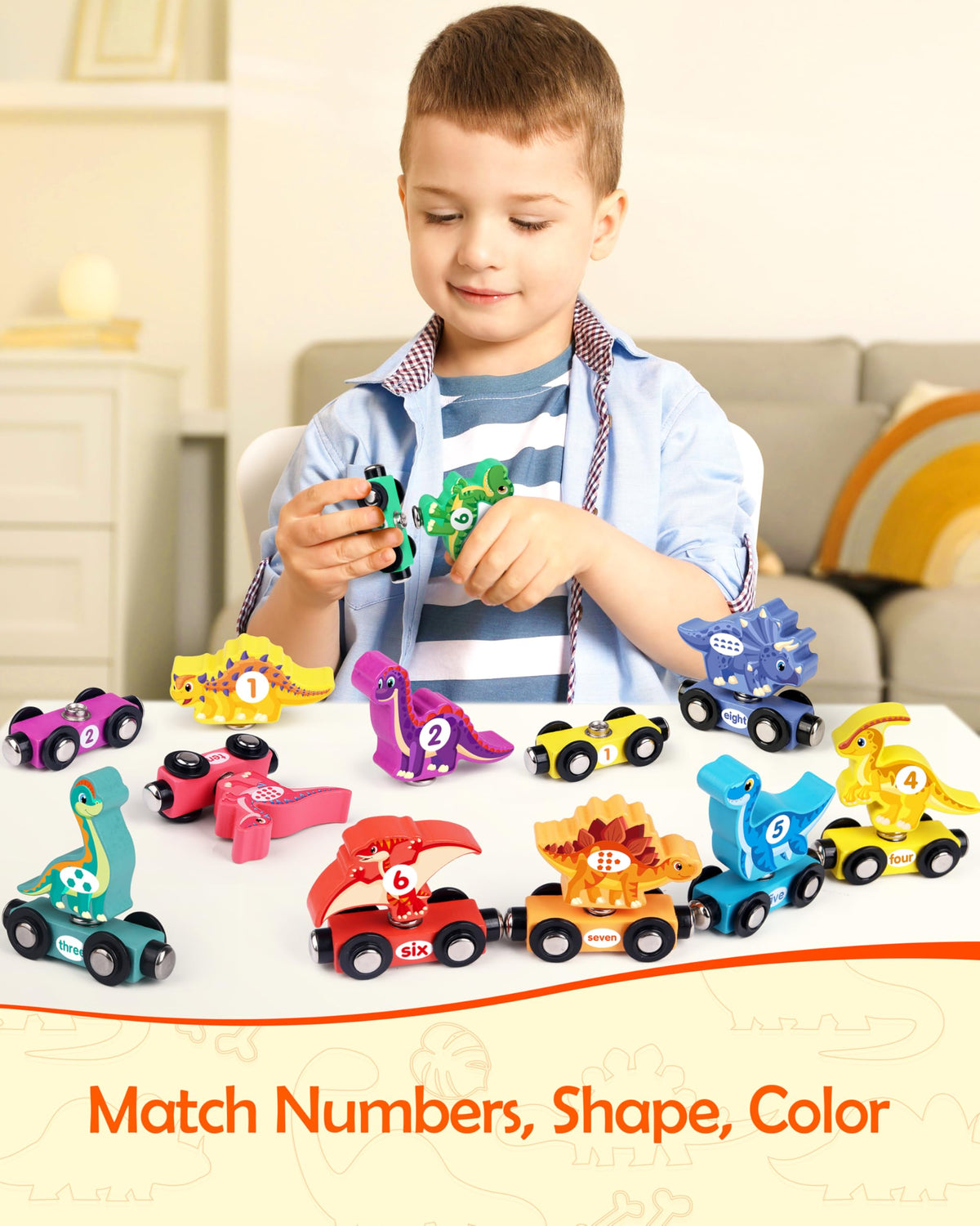 Helsort wooden dinosaur train set number cars show 0-10 for counting practice.