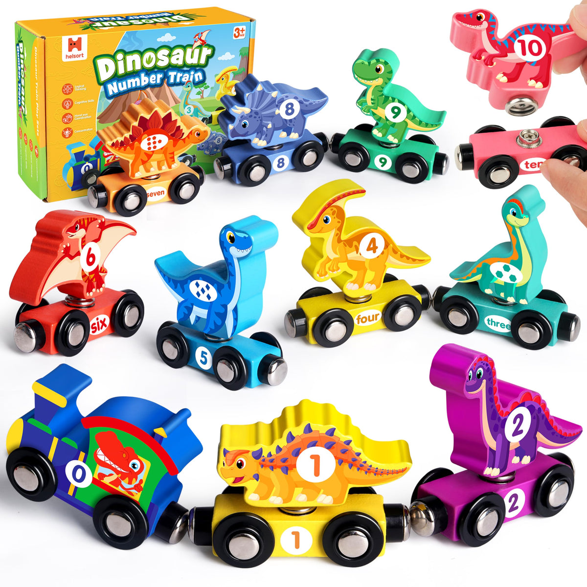 Helsort wooden dinosaur train set packaging highlights sustainable craft and gift-worthy design.
