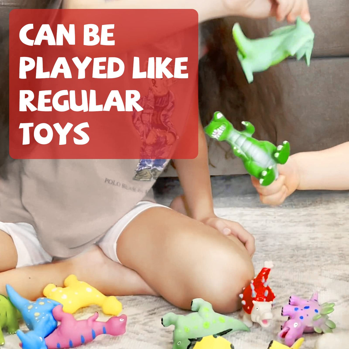 Hely Cancy dinosaur bath toy in tub scene for imaginative play