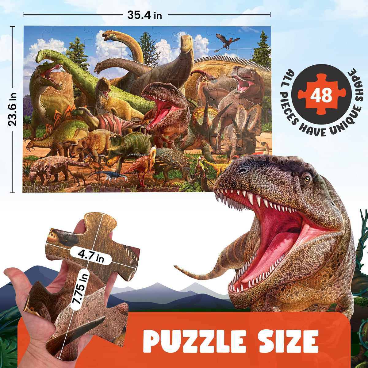 Hemalleon 3x2 ft puzzle spread shows 25 dinosaur species in vibrant, high-definition detail.