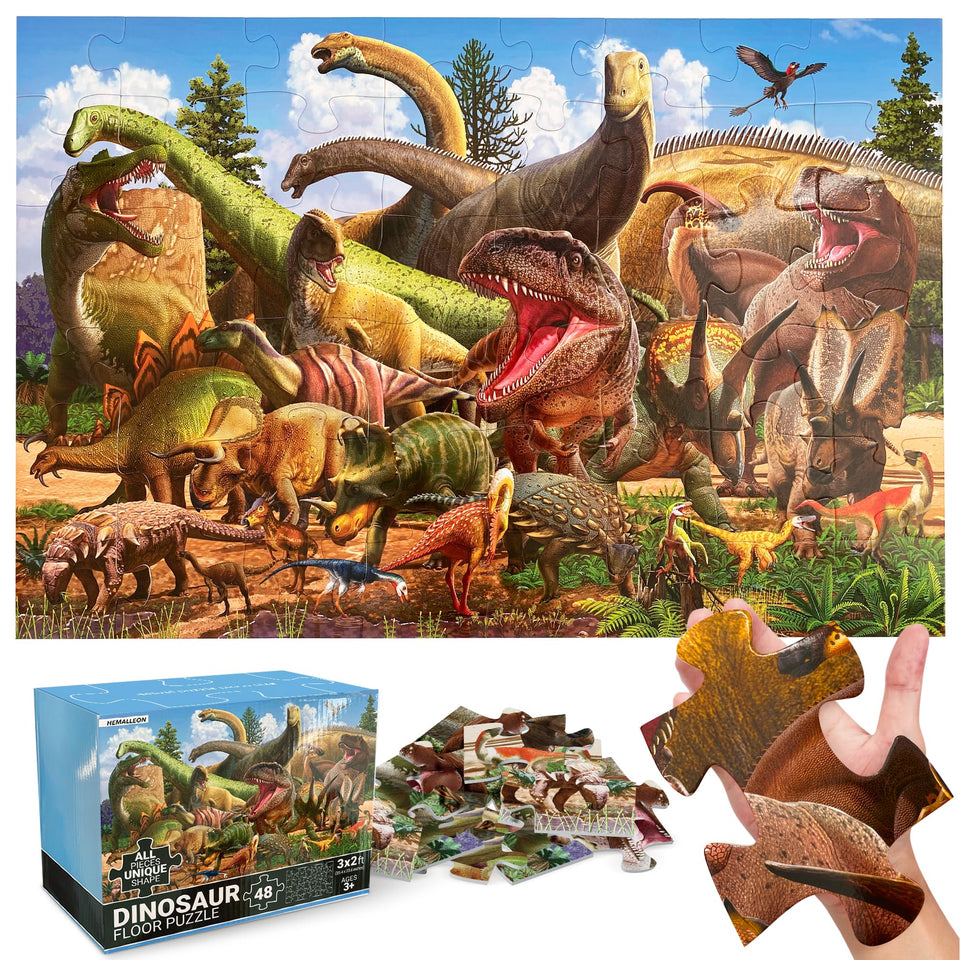 Hemalleon 48-piece jumbo dinosaur puzzle, assembled on floor, large and easy to handle.
