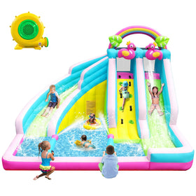 HEMOPOW Flamingo 6-in-1 water slide with double long slides for backyard fun.