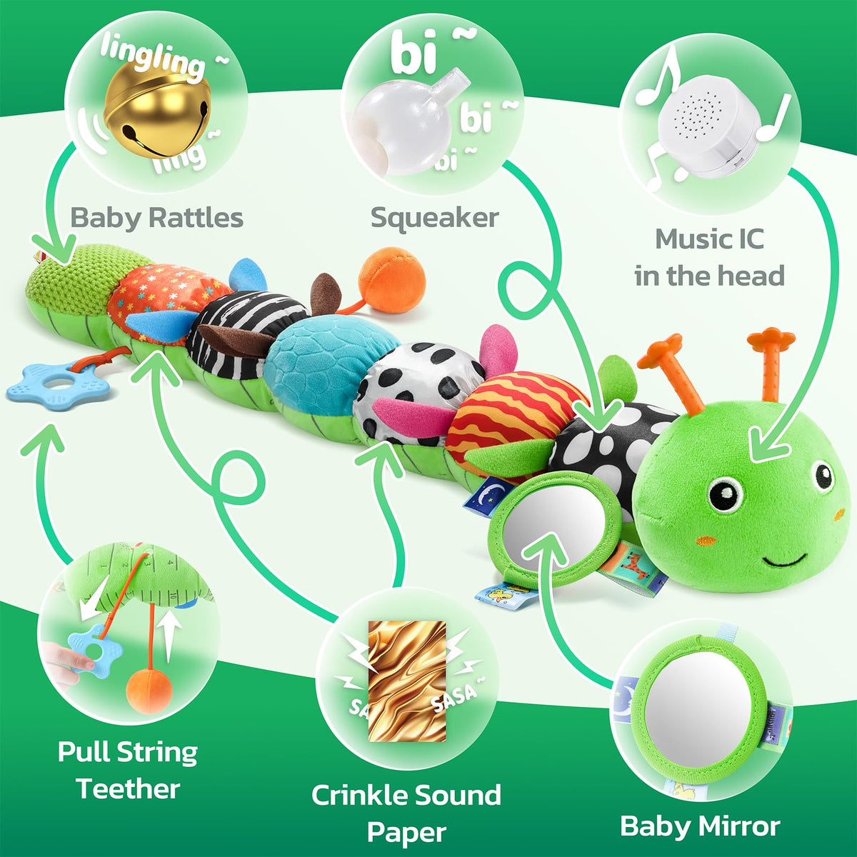 HEMRLY caterpillar mirror toy encourages tummy time curiosity and muscle development