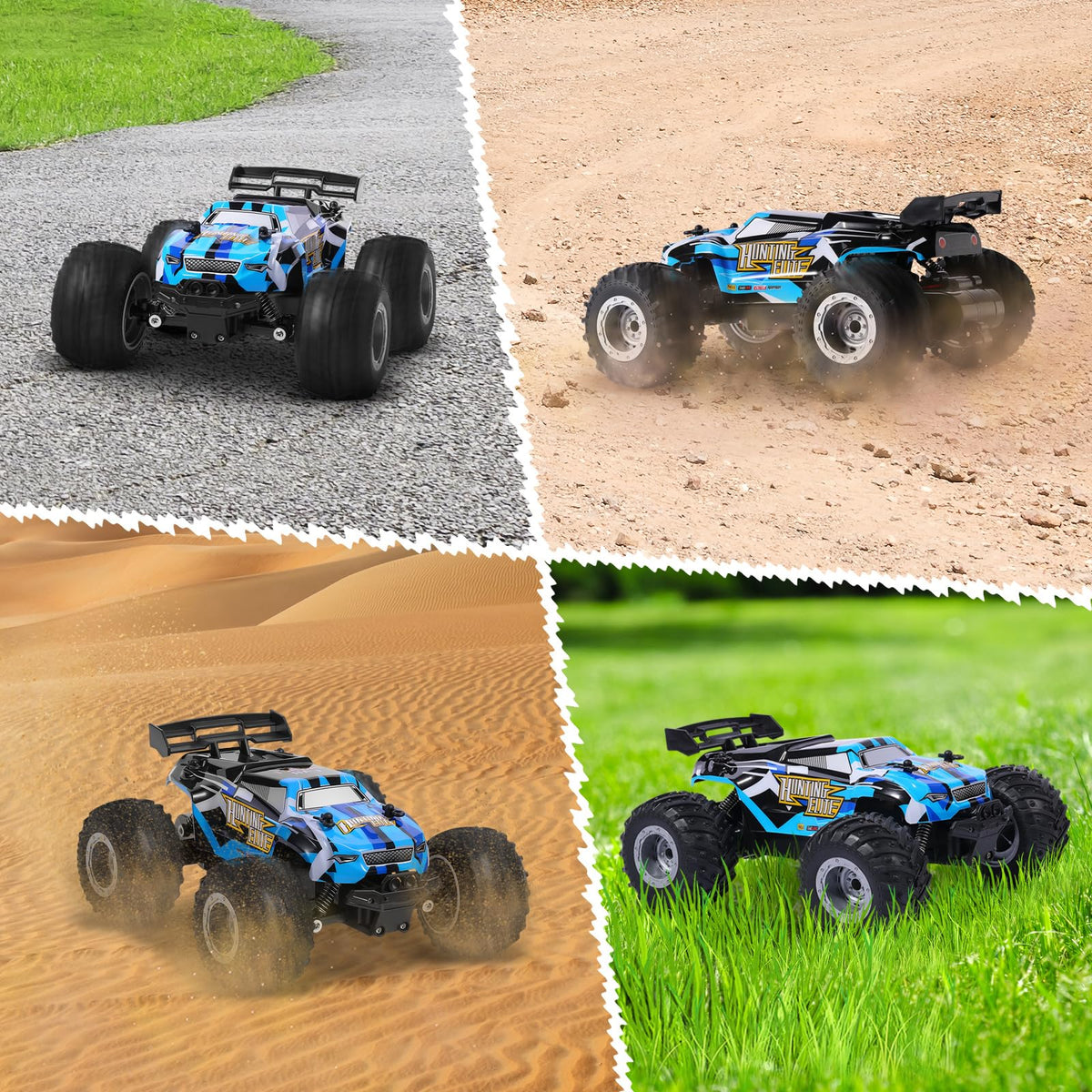 HENEROAR RC monster truck top view shows LED bodylights illuminating the road ahead
