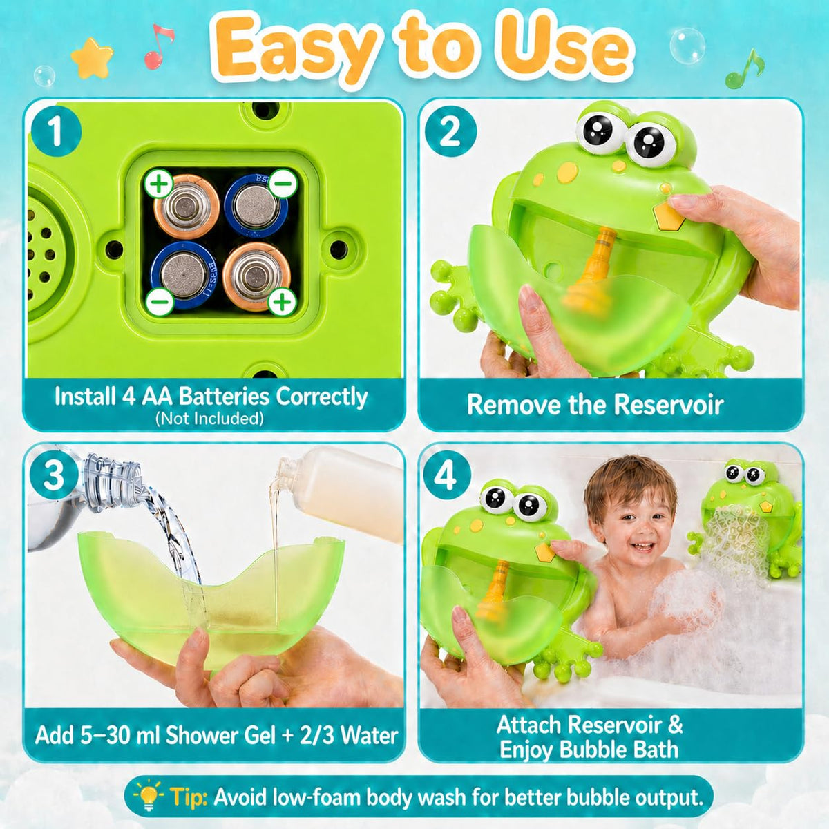 HengGL Frog bubble machine battery compartment resists splashes during baths
