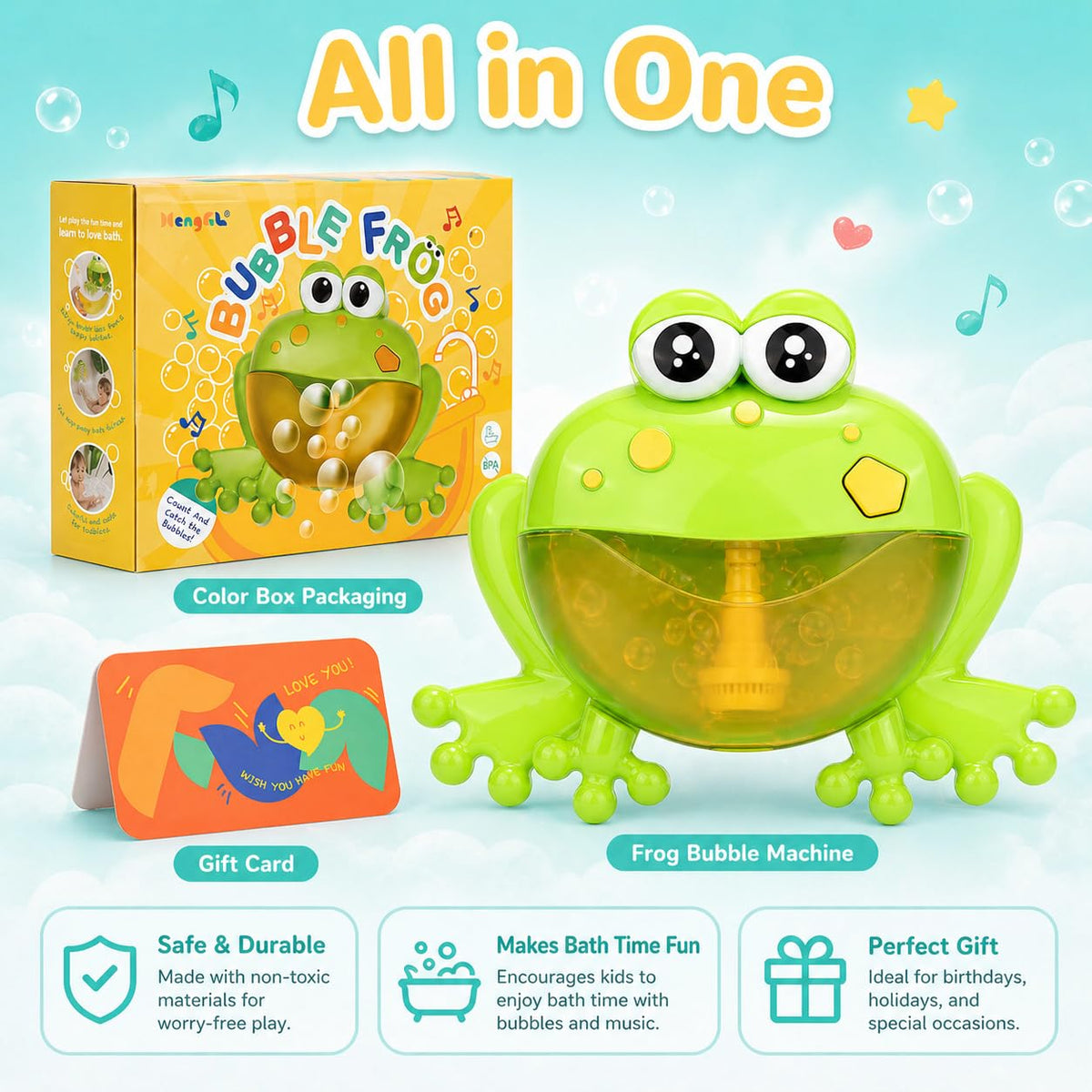 HengGL Frog bath toy included with gift-ready packaging and greeting card