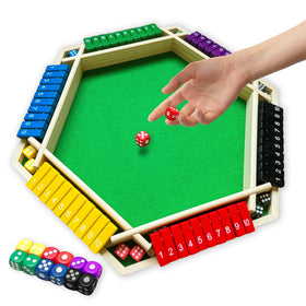Hennaed 6-Player Shut The Box wooden setup shows six-color tiles for family play.