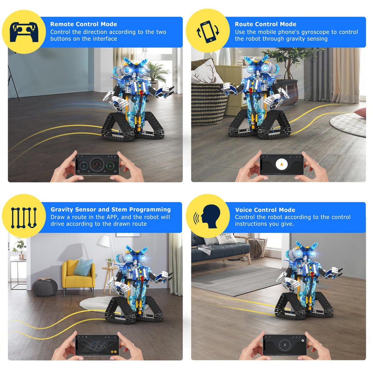 Henoda robot with glowing eyes adds personality during interactive play.