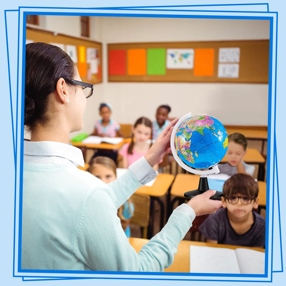 Henoyso sturdy mini globes with blue stand, durable for daily classroom use.