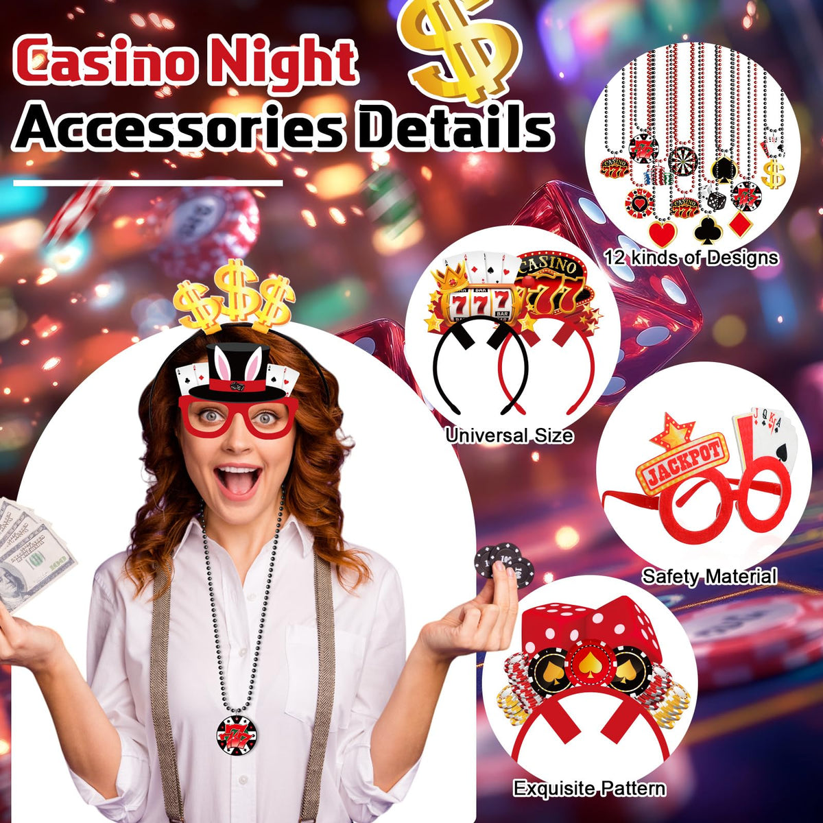 Herdear casino night glasses with red-black frame for Las Vegas vibes