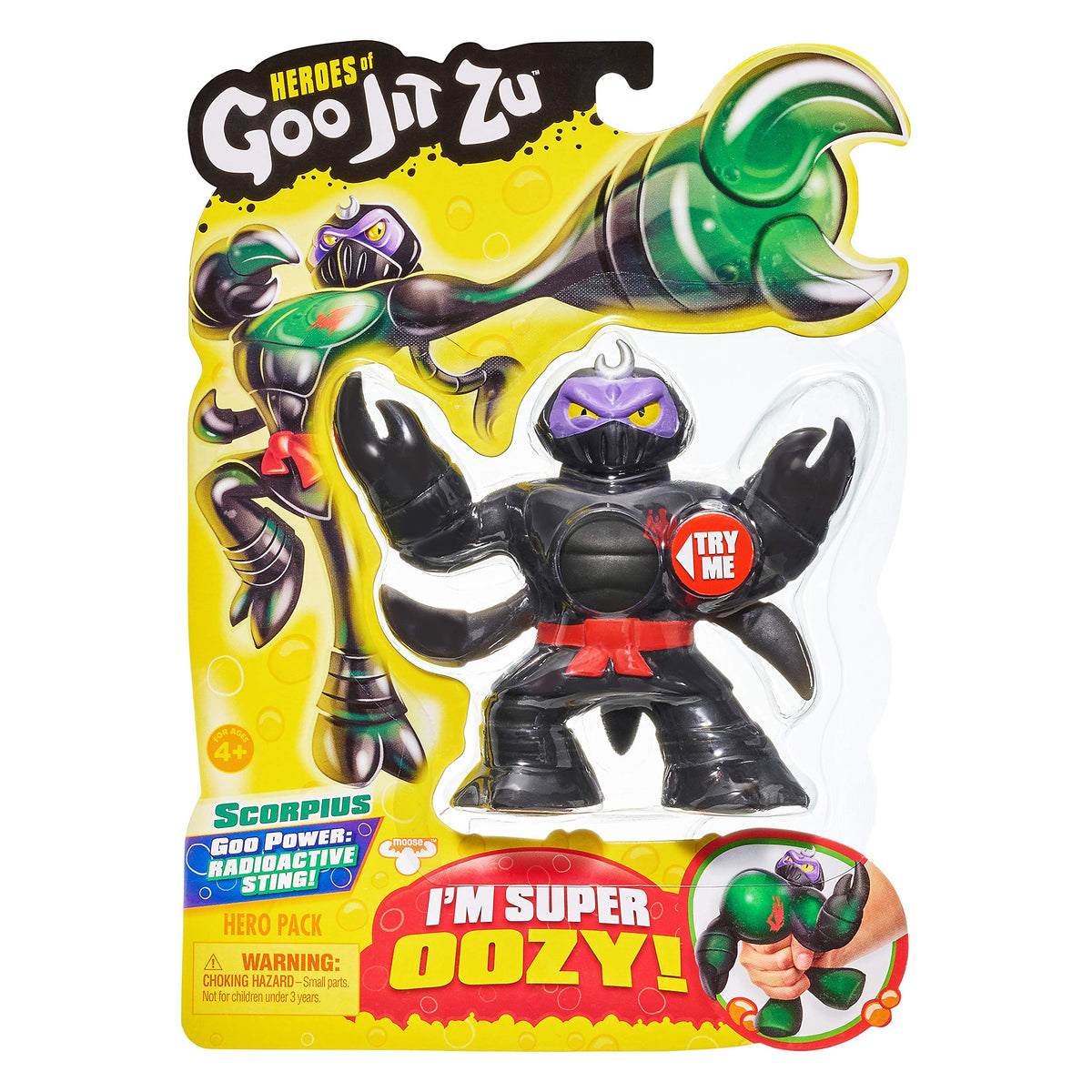 Heroes of Goo Jit Zu Oozy Scorpion Scorpius shows green glow inside for tactile play.