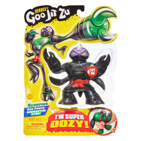 Heroes of Goo Jit Zu Oozy Scorpion Scorpius shows green glow inside for tactile play.