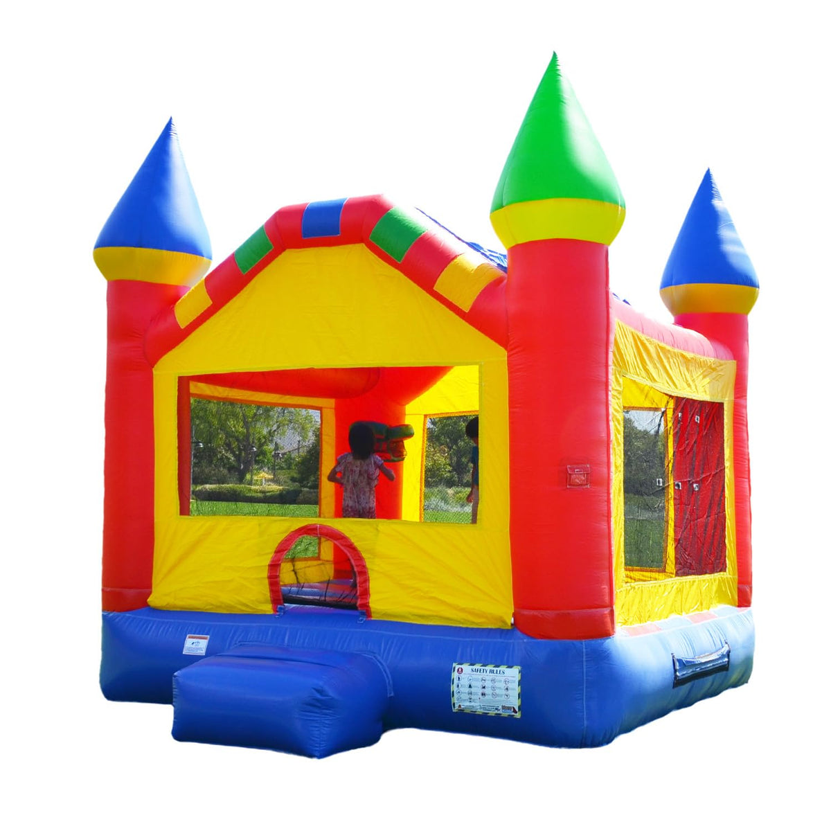 HeroKiddo 13x13 bounce house front view with durable marble vinyl for rentals