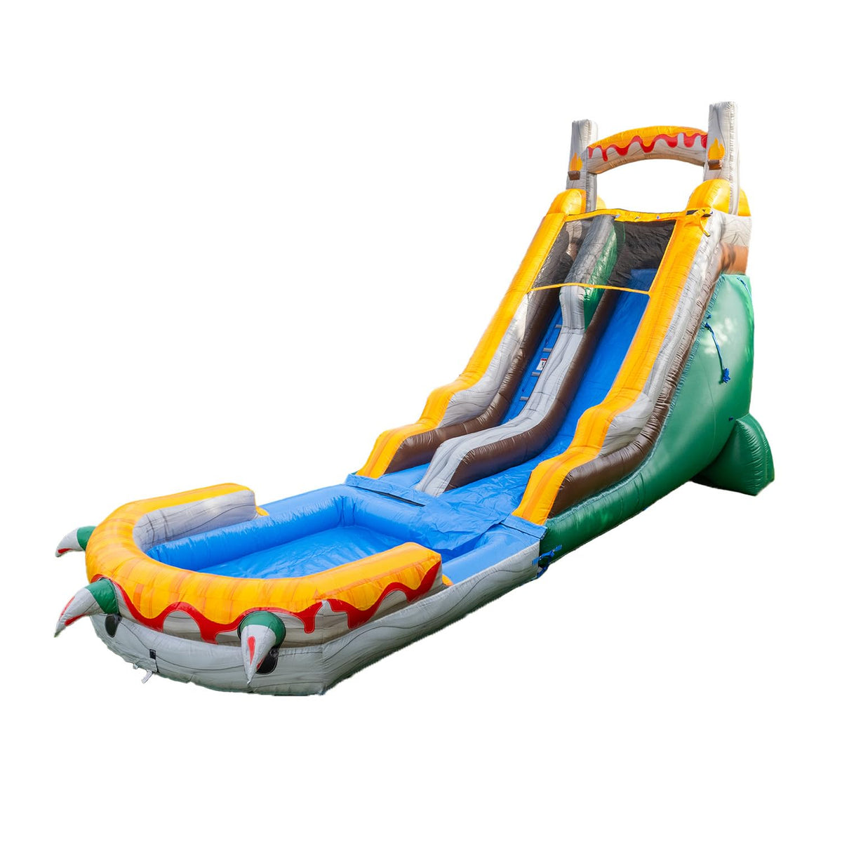 HeroKiddo 18ft T-Rex inflatable slide with detachable pool for family fun.