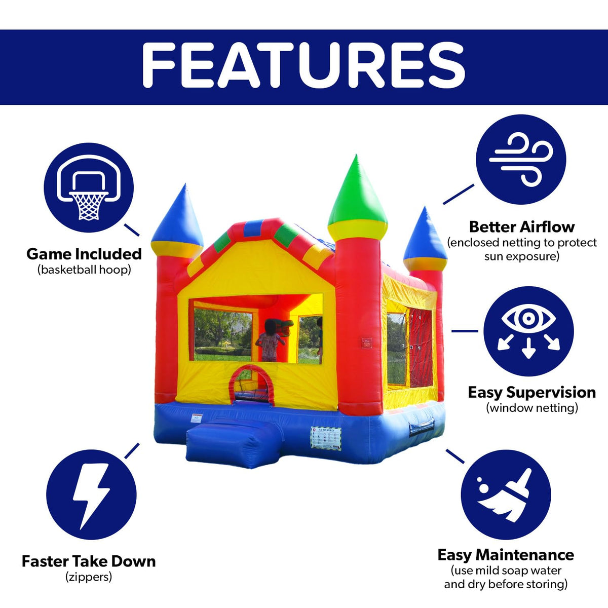 HeroKiddo bounce house interior shows basketball hoop for active, family-friendly play