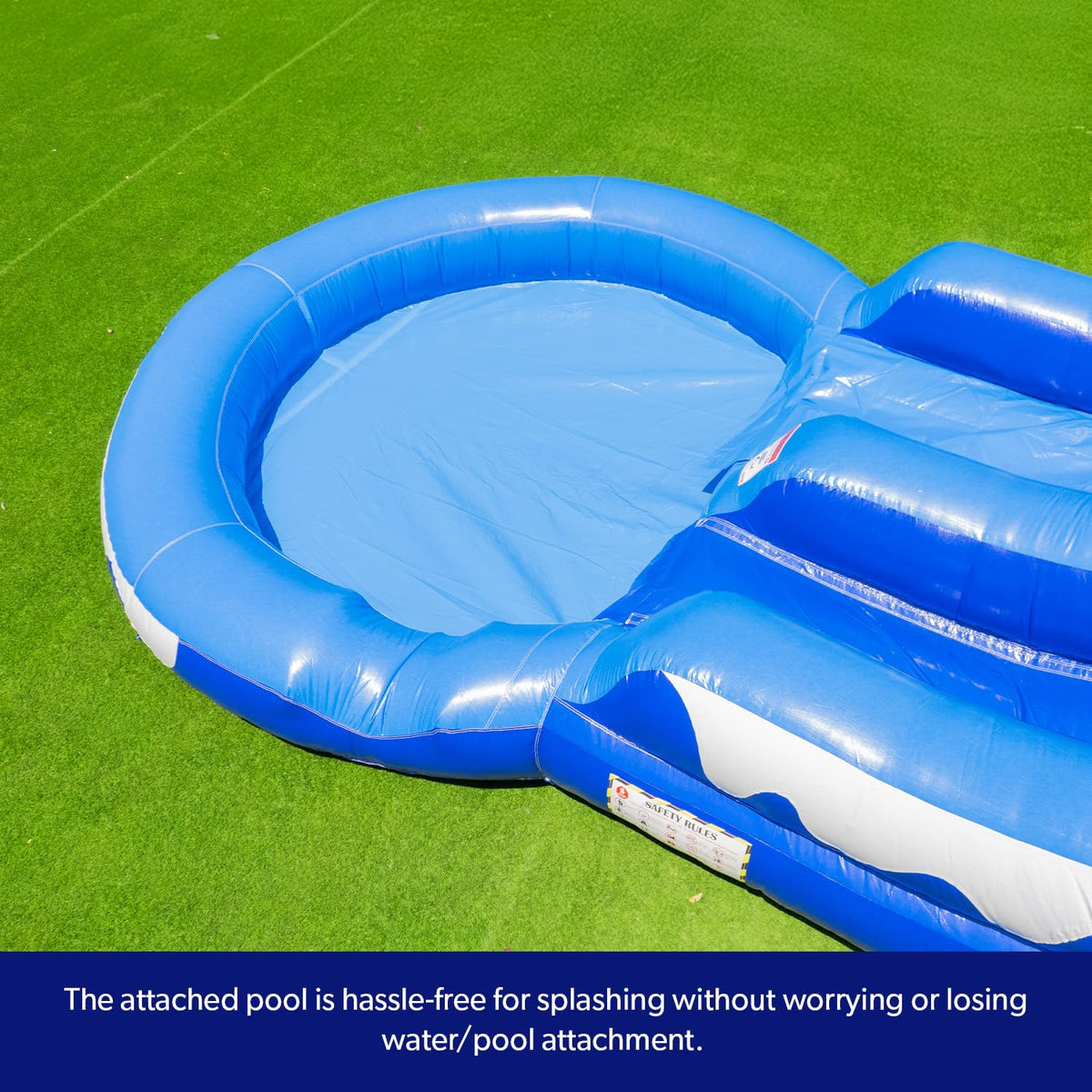 HeroKiddo Dolphin Slide splash pool attached for secure landings and water play