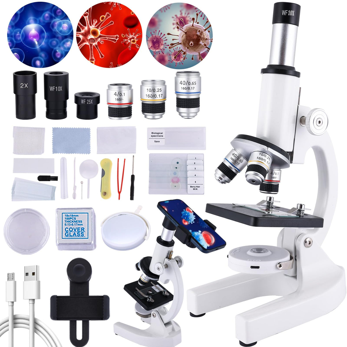 Herwicm microscope with phone adapter enables quick slide photos for sharing.