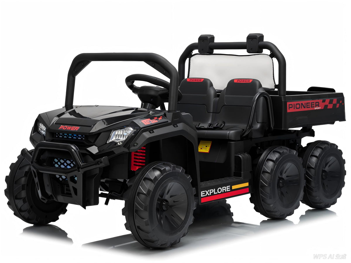 Hetoy 24V ride-on dump truck front view with LED headlights for outdoor play.