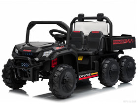 Hetoy 24V ride-on dump truck front view with LED headlights for outdoor play.