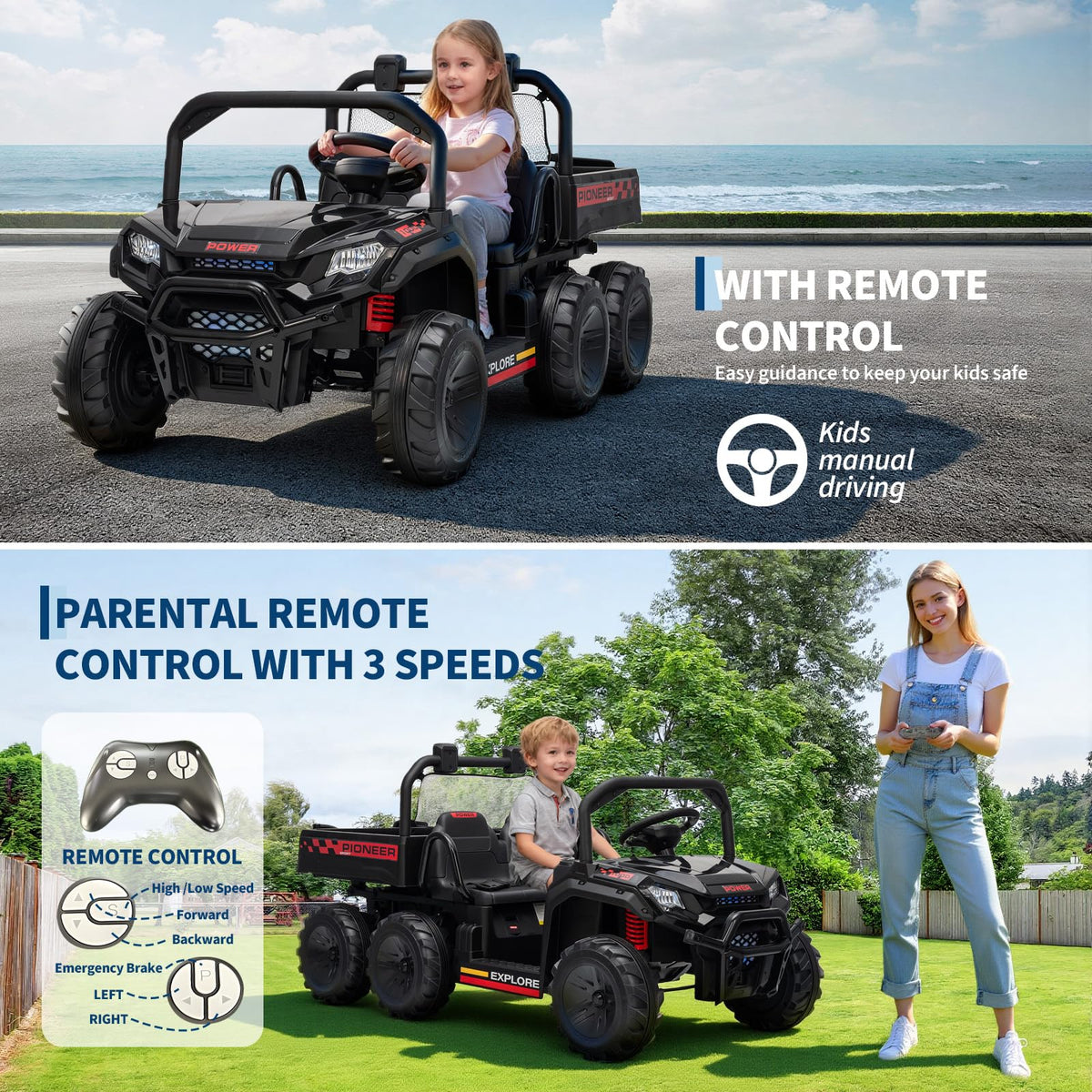 Hetoy 24V ride-on with bright LED headlights for enhanced visibility.