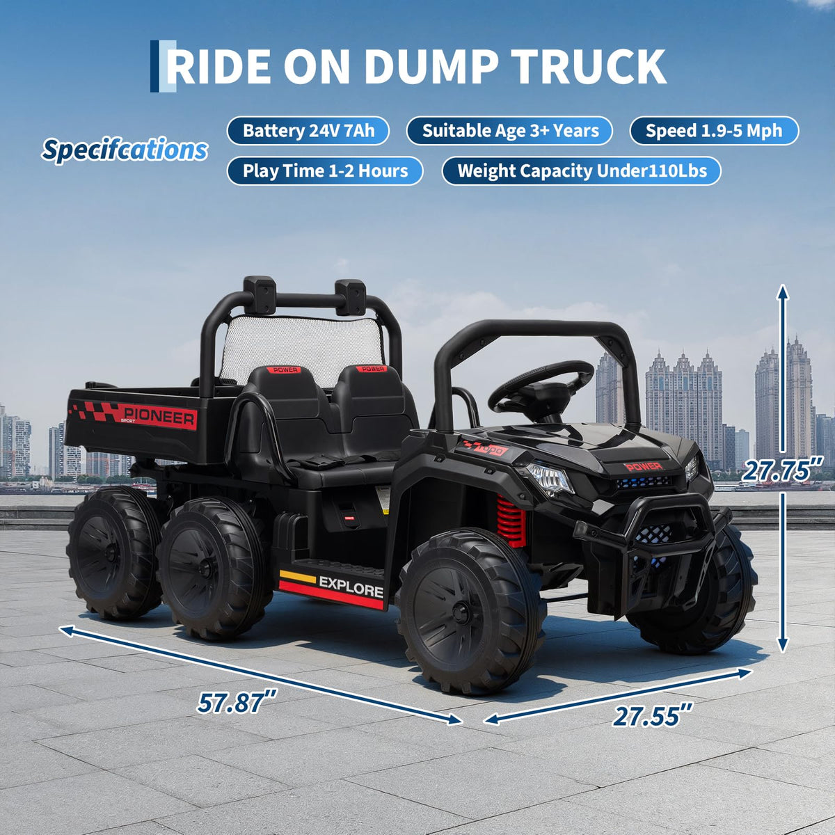 Hetoy 24V ride-on dump truck side view showing rugged 4WD on varied terrain.