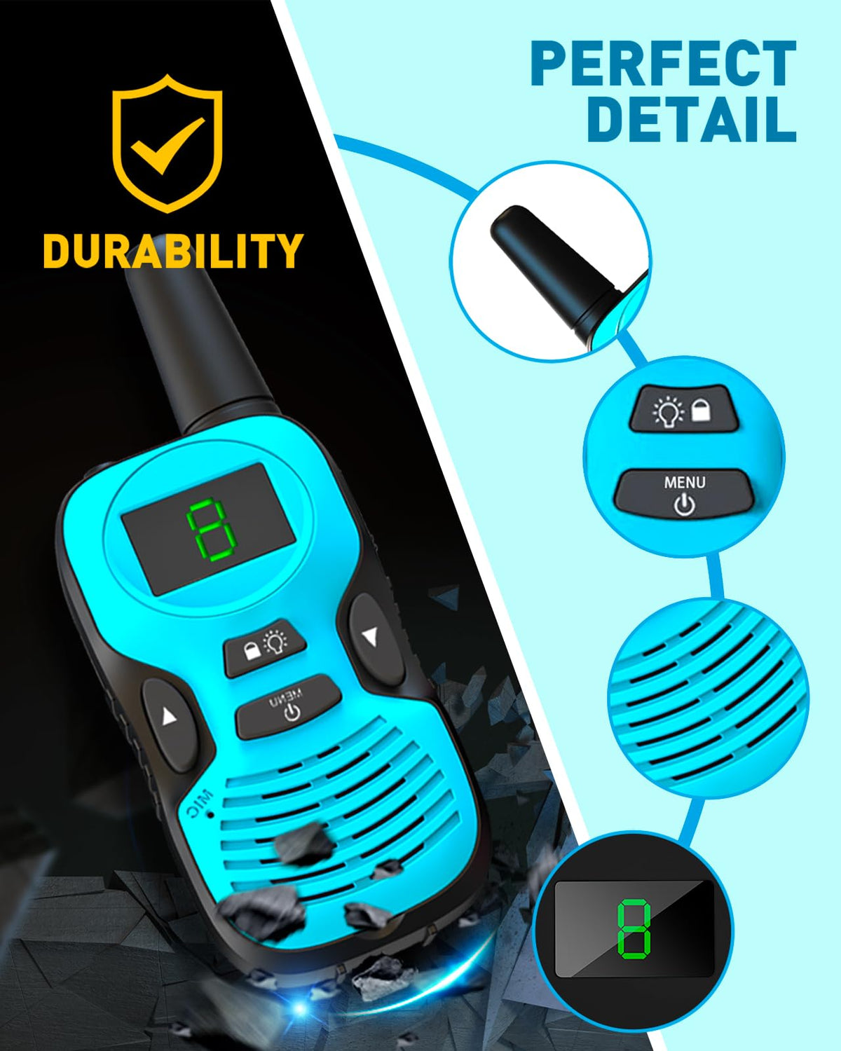 Backlit LCD display on Hetyue walkie talkies for easy use in dim light