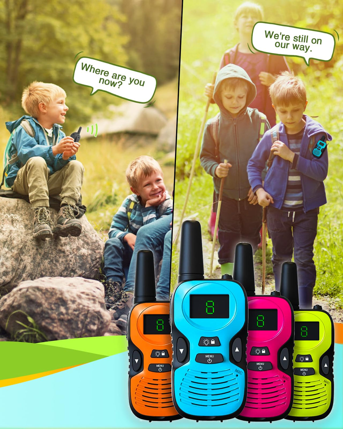 Kids use Hetyue walkie talkies outdoors with clear sound and PTT button