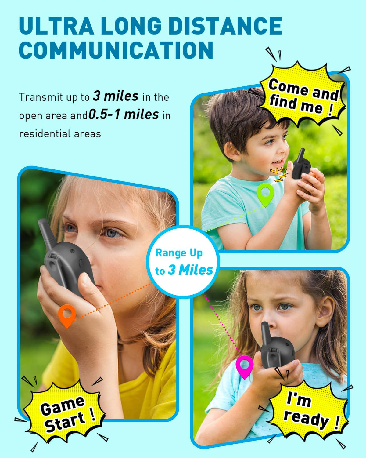 Range up to 3 miles in open areas for adventurous play with Hetyue