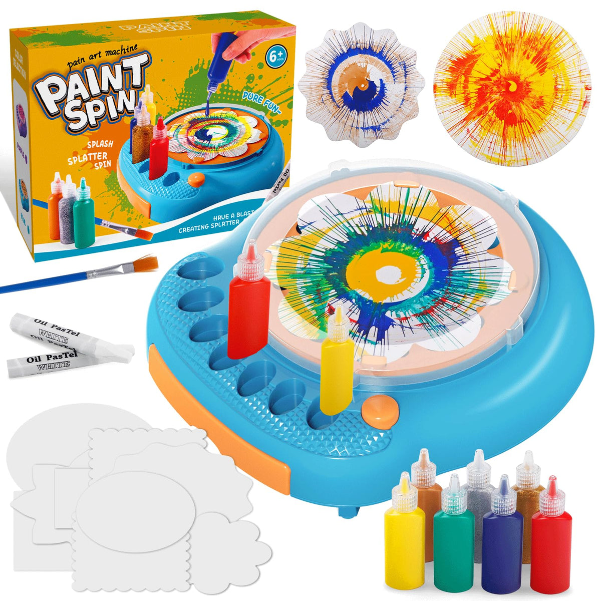 Hewaurorion Spin Art Machine front view showing durable build for kids' creativity.