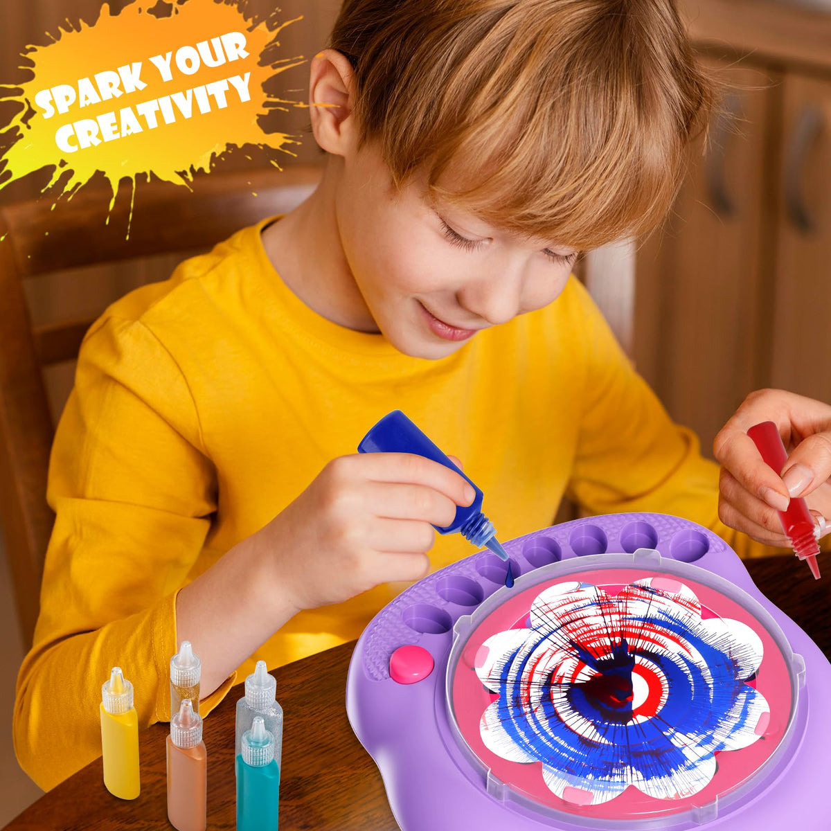 Hewaurorion Spin Art Machine in use creates vibrant, swirling color patterns