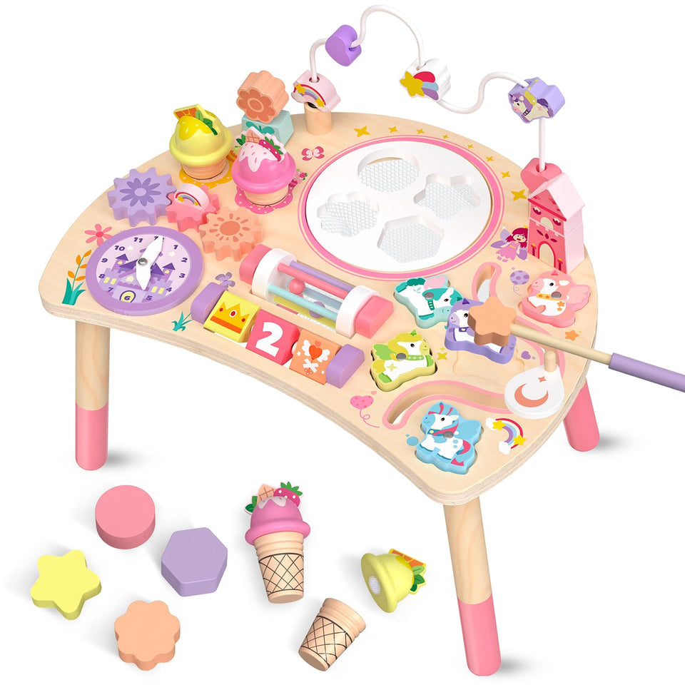Hewaurorion unicorn activity table bead maze boosts hand-eye coordination.