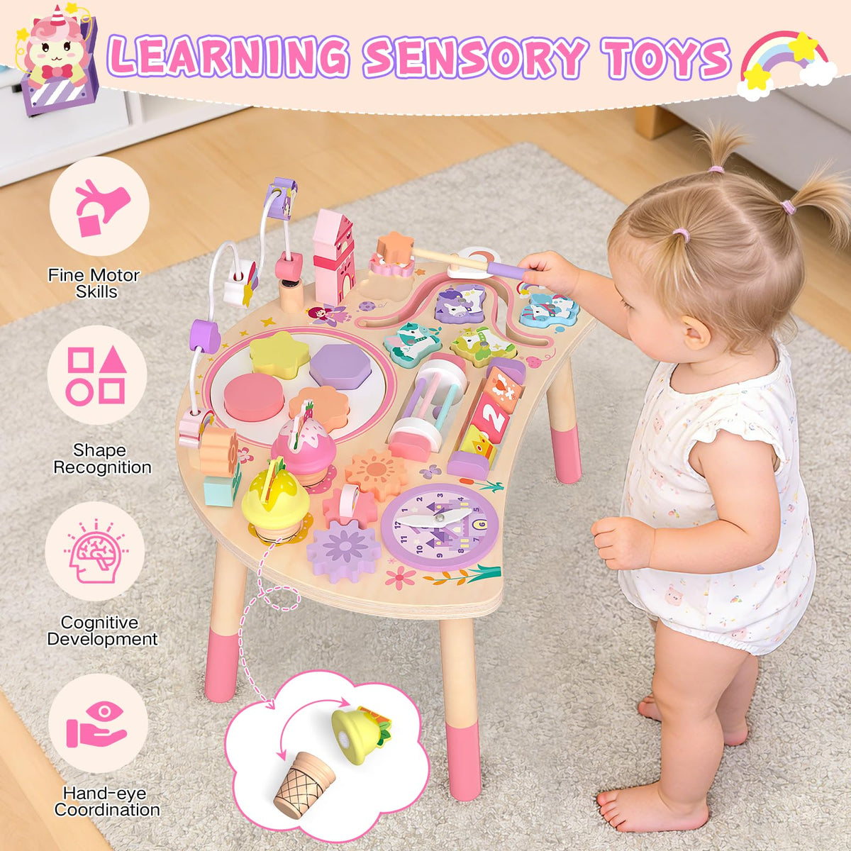 Hewaurorion unicorn activity table gears spinning for fine motor practice.