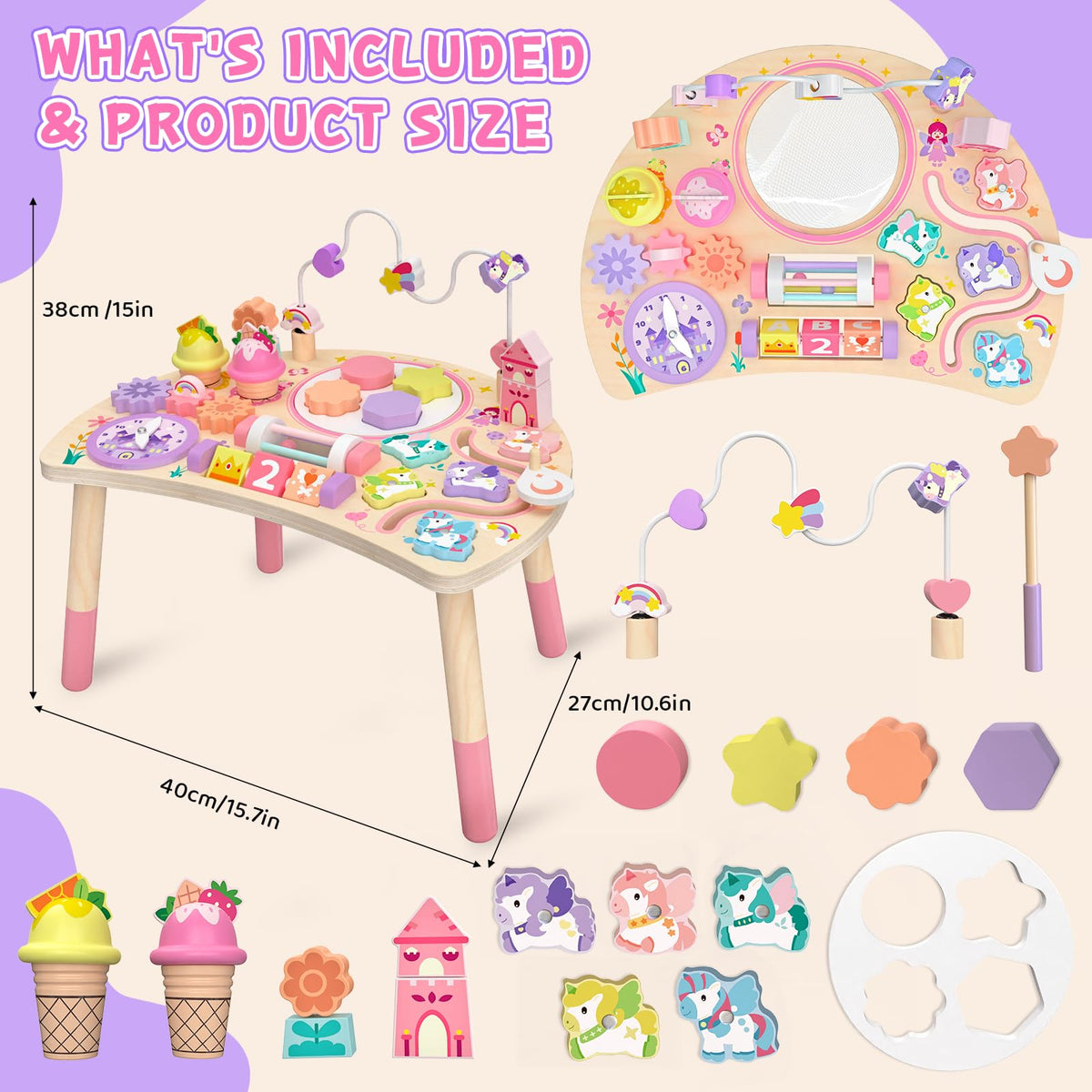 Hewaurorion unicorn activity table rotating blocks enhance dexterity.