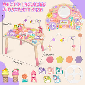 Hewaurorion unicorn activity table rotating blocks enhance dexterity.