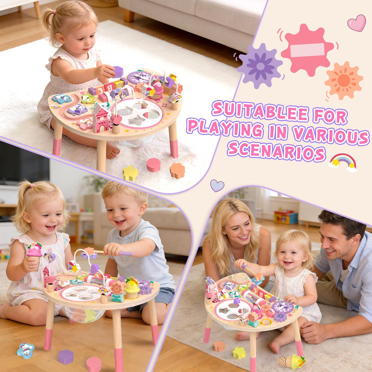 Hewaurorion unicorn activity table stacking castle promotes patience and sequencing.