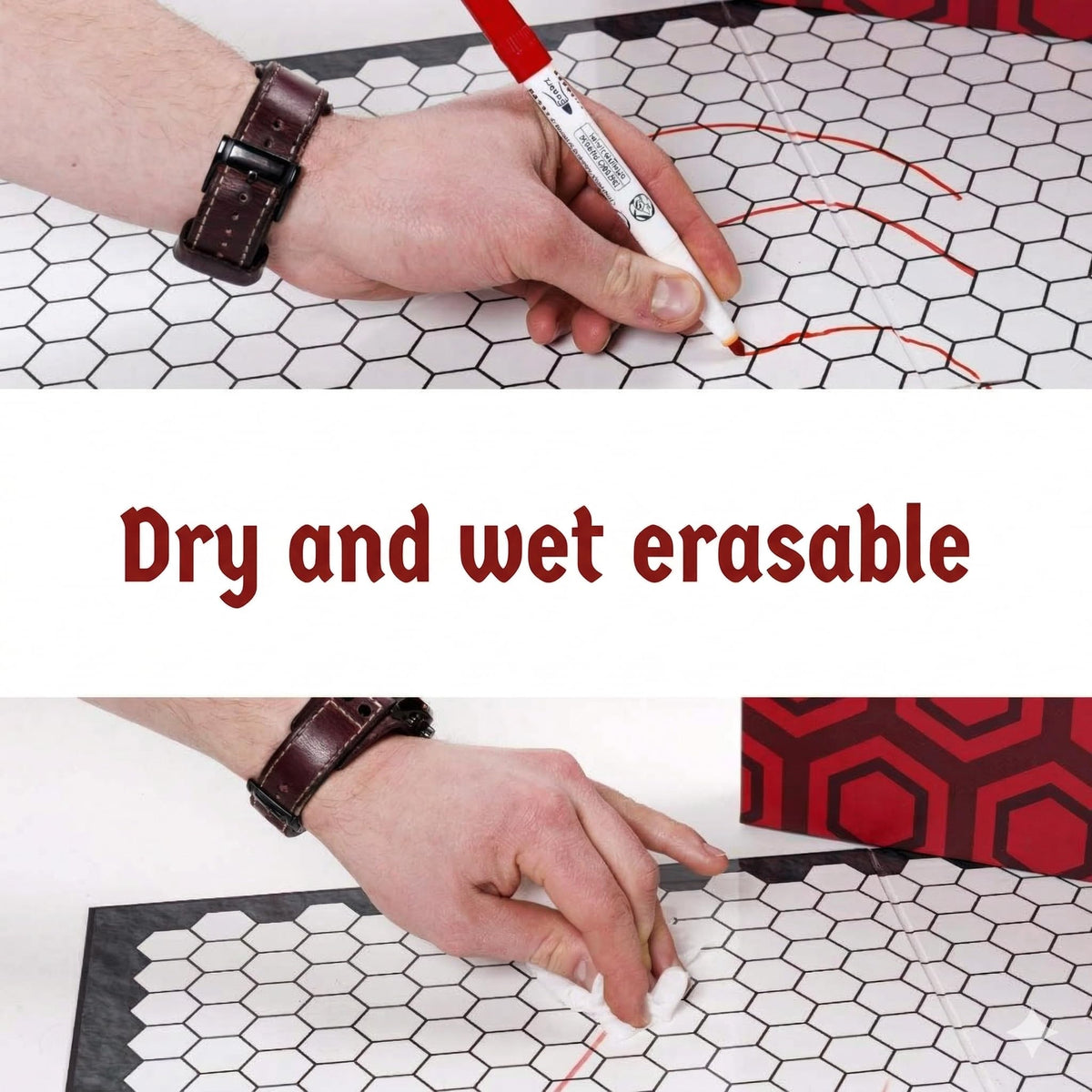 Hexers erasable surface accepts dry erase markers for reusable campaigns.
