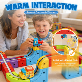 HEXIMANX kids playroom scene with a magnetic train set for imaginative play.