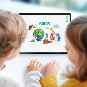 Interactive app guides kids through bird-themed projects with simple steps.