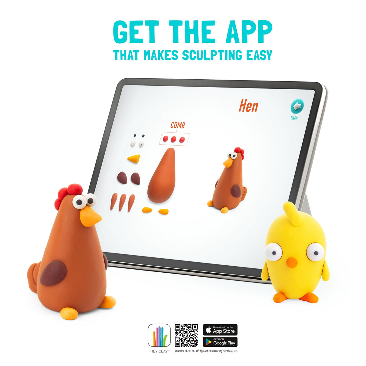 HEY CLAY Interactive app guide showcases step-by-step projects and playful prompts.