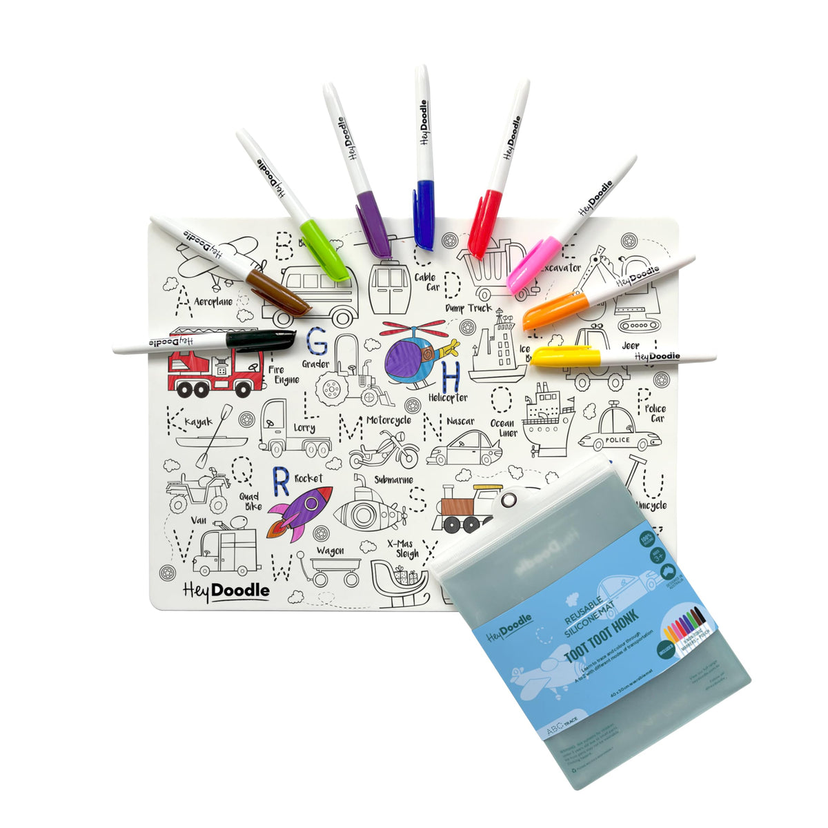 HeyDoodle mat showing alphabet letters with vehicles for interactive learning