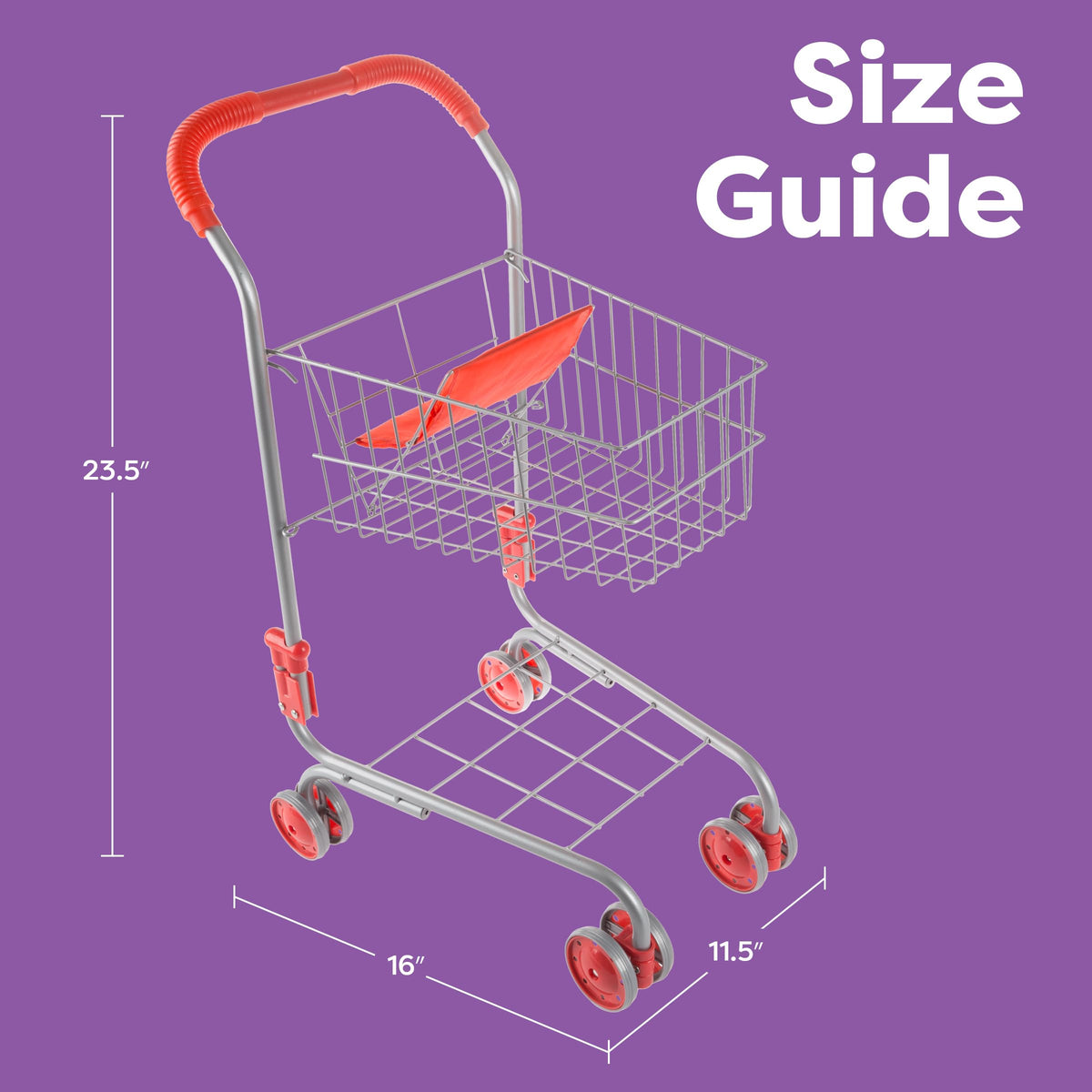 HEY! PLAY! Kids Shopping Cart red basket seat invites a doll or lovey to join the shopping fun.