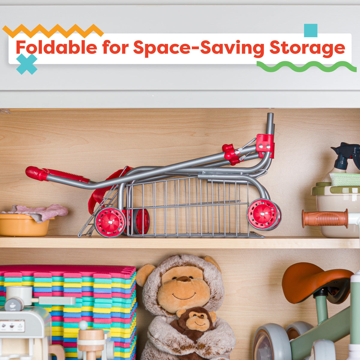 HEY! PLAY! Kids Shopping Cart folded for compact storage, fitting neatly in closets or car trunks.