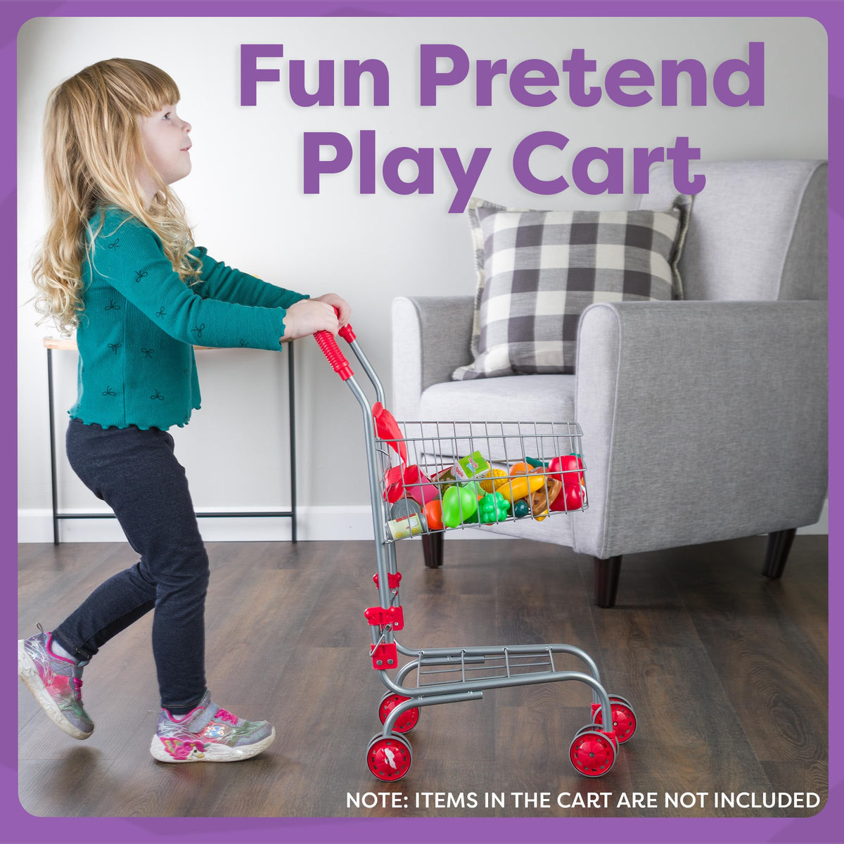 HEY! PLAY! Kids Shopping Cart front wheels enable smooth steering for toddlers during pretend store trips.
