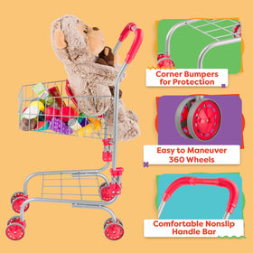 HEY! PLAY! Kids Shopping Cart spacious basket holds toys and pretend groceries for immersive play.