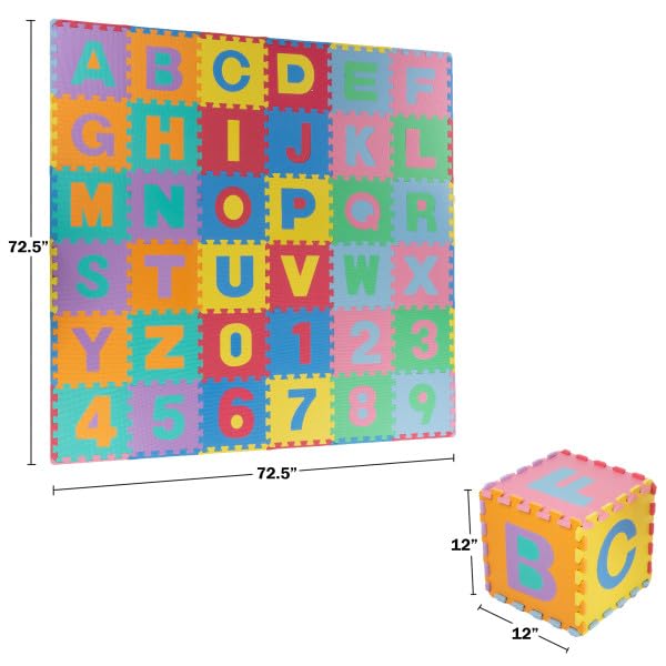 HEY! PLAY! Twelve-inch tiles assemble into a large alphabet and number mat.