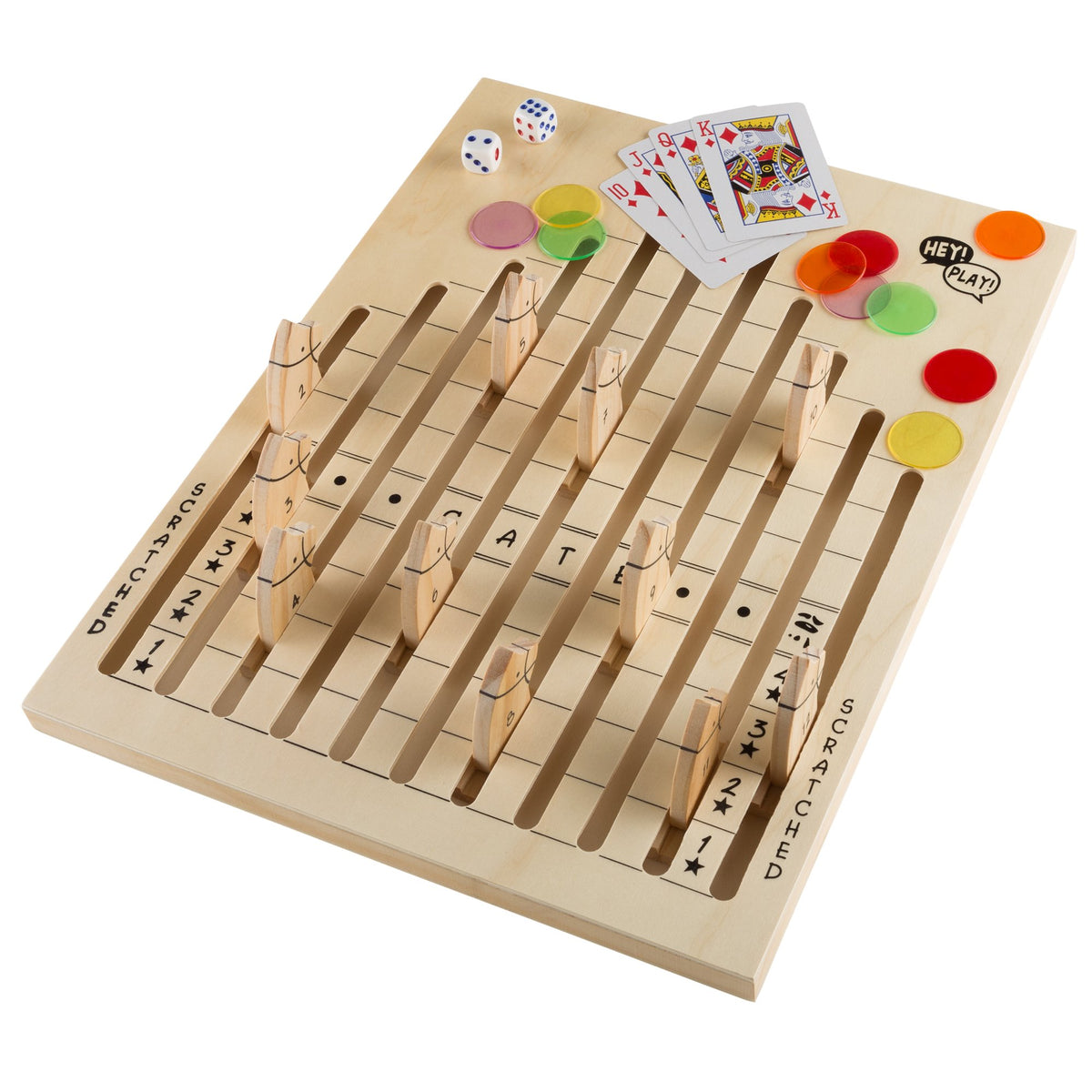 Hey Play wooden horse race board shown on a table for family play and ease of setup