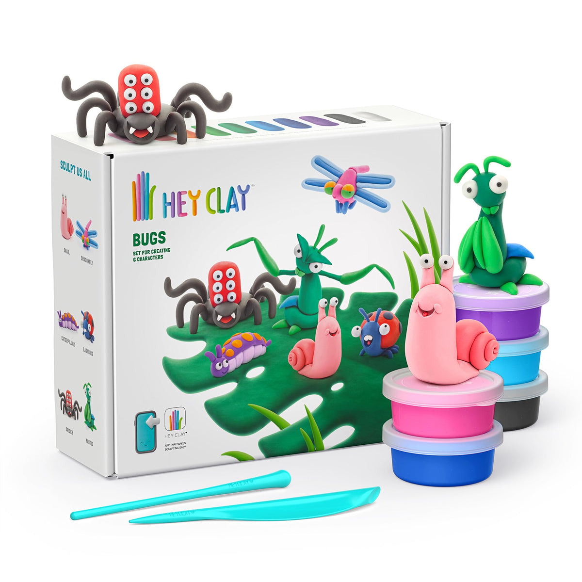 HEY CLAY Bugs Set color cans on desk, inviting imaginative play