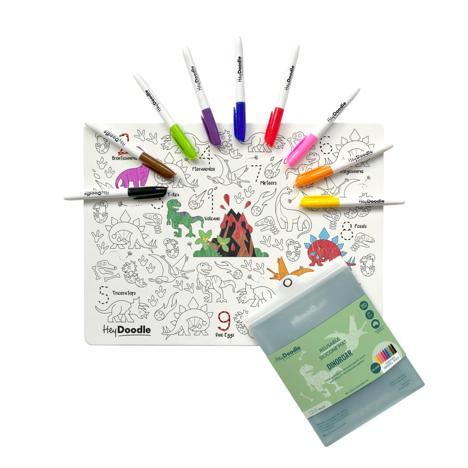 HeyDoodle DinoRoar Classic Doodle Mat with dinosaurs and numbers for counting practice.